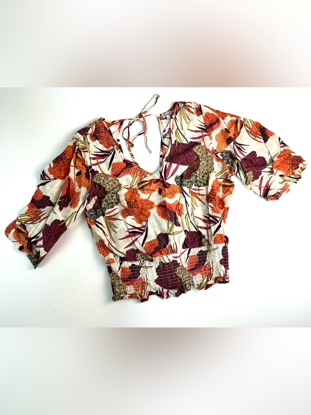 Kismet Floral Peplum Blouse Size L Boho Smocked Waist Lightweight Cotton Top